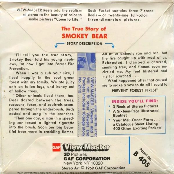 True Story of Smokey Bear - View-Master 3 Reel Packet - vintage -  (PKT-B405-G5m) For Cheap